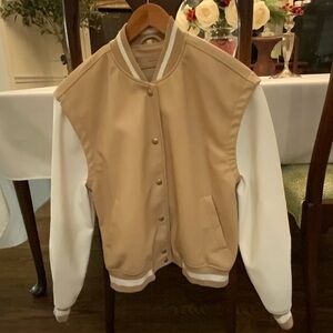 Blank NYC Tan and White Faux Leather Varsity Jacket~ Size Men's Small